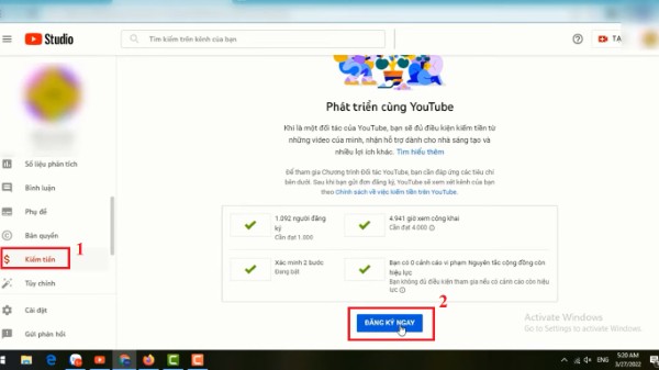 Bật tính năng kiếm tiền từ Youtube